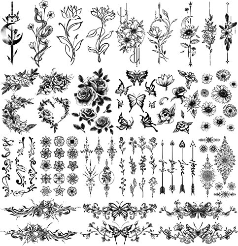 Leesgel Tatuaggi Temporanei Donna, 40 Fogli Nero Impermeabili Tatuaggi Finti, Personalità Tatuaggi Temporanei Adulti per Uomo e Donna