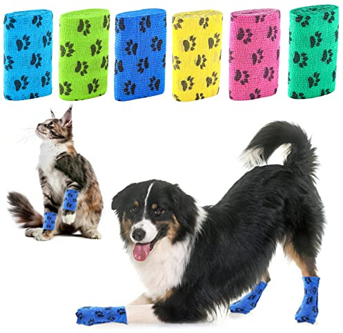 Zapatos Perro Desechable, Botas para Perros, 6 Rollos Vendaje Autoadhesivo para Mascotas, Vendaje Elastico Adhesivor, 5 * 6CM, Talla M
