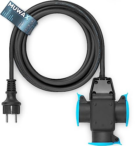 MUWAX 15m Gummi-Verlängerungskabel H07RN-F 3G1,5mm² mit 3-Fach Verteiler für Baustellen, Werkstatt, Industrie, für dauerhaften Einsatz im Außenbereich und Starke mechanische Beanspruchung schwarz