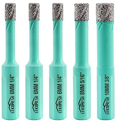 LEKOMESH Diamond Core Drill Bits - 6/6/6/8/10MM Triangle Shank 5pcs Tile Hole Saw Cutter Dry Drilling for Porcelain Ceramic Tile Granite Marble Stone Vacuum Brazed Diamond Drill Bit