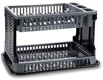 GREATOYAR Escurreplatos con 2 Niveles, Escurridor Platos Plastico Fregadero, Escurridor Platos, Bandejas Plástico Multifuncional, Ahorro de Espacio, 43x25x27cm, Negro y Gris