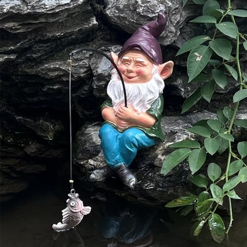 Garden Gnome Fishing Statue, 9.7 Koi Pond Decor with Glow in Dark Pebbles, Great Gift for Mom