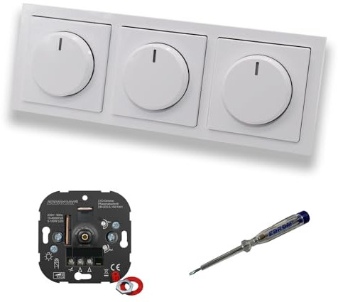 EBROM 1001 (3 Stück) LED Drehdimmer Dimmer + Busch Jäger Dimmerscheiben 6540-84-102 in Future Linear Studioweiß glänzend im 3-fach Rahmen inkl. EBROM Phasenprüfer zur Montage der Geräte