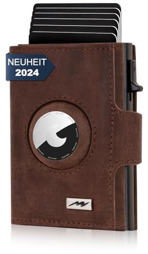 Marc Peter® Chicago Leder Push Air Slim Wallet - Airtag Geldbörse mit Münzfach - RFID Schutz kleines Mini Portmonee Leder Vintage Braun XL MÜNZFACH