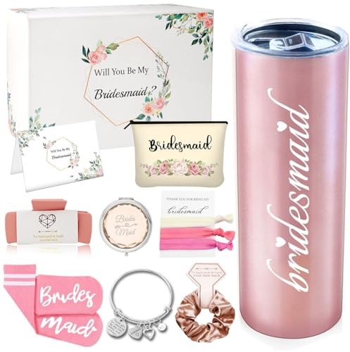 Mhoel Bridesmaid Proposal Gifts Box Set,Will You Be My Bridesmaid Card Box,Bridesmaids Gift for Bachelorette Day From Bride,Rose Gold 20oz Tumbler,Bridal Shower Gifts for Wedding Party