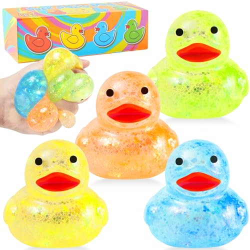 4 Stück Ducks Squishy Anti Stressball für Erwachsene und Kinder, Mini Rubber Enten Knautschball, Wutball Stressbälle, Squeeze Ball Anti Stress Spielzeug, Mochi Fidget Toy, Bad & Pool Spaß