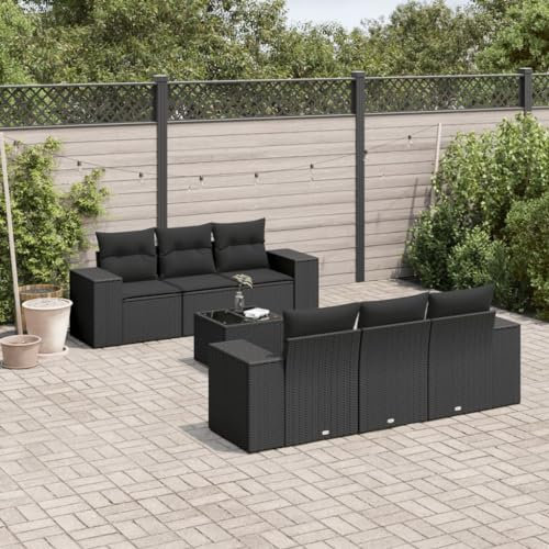 Rantry 7-TLG. Garten Sofagarnitur mit Kissen Gartensofa mit Stauraum Gartenlounge Balkonmöbel Gartenmöbel Loungesofa Rattansofa Ecksofa Sitzgruppe mit Gartentisch Gartenset Schwarz Poly Rattan