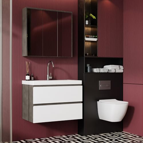 Badmöbel Set Beta 80 Weiß | Einbauwaschbecken | Unterschrank | Spiegelschrank | Softclose-Schubladen & unsichtbare Griffe | Retrostil | Badezimmer Möbelset Waschbeckenunterschrank Waschtisch