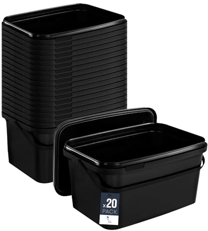 BenBow Seau rectangulaire avec Couvercle 20x 5l Noir - adapté au Contact Alimentaire, boîte en Plastique empilable avec poignée - Vide
