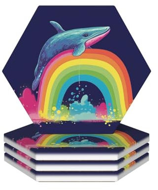 Untersetzer für Getränke, rund, saugfähig, Keramik, rutschfest, bunt, Wal auf Regenbogen, Getränkeuntersetzer mit Halter und Korkboden, wiederverwendbare Tassenuntersetzer für Arten von Tassen, 4