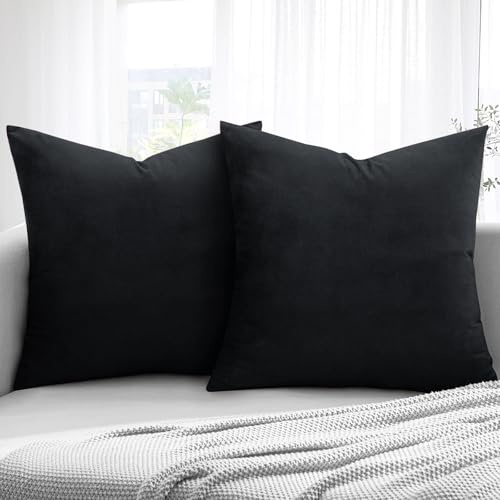 Aspire Homeware Velvet Cushion Covers 45 x 45cm Set of 2 Black Decorative Square Throw Pillow Cases for Sofa Bedroom Living Room and Sofa