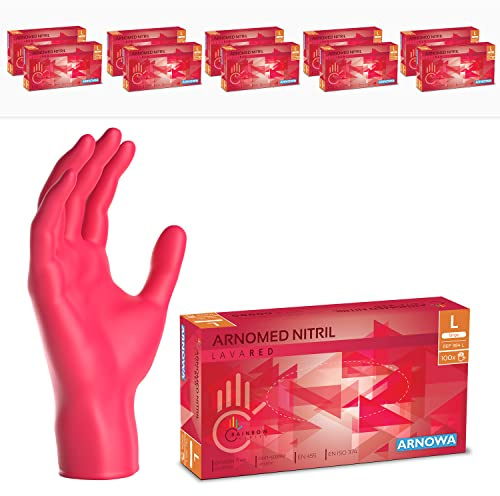 ARNOMED Gants jetables rouge, gants nitrile taille L, gant jetable 2000 pièces (20 boîtes), gants en nitrile non poudrés & sans latex, gants jetable cuisine, gants a usage unique en XS, S, M, L & XL | Gants jetables en nitrile sans poudre - Gants de protection jetables en nitrile - Tailles XS, S, M, L, XL