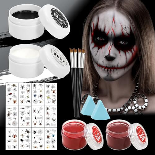 Maquillage Halloween,Maquillage Halloween pour Visage pour Adulte Enfant,Peinture Visage Noir et Blanc Rouge 50g avec 12 autocollants,pour Carnaval Théâtre Cosplay Fantaisie Clown SFX Corps Peintures