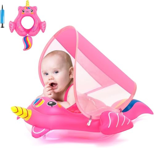 Enhörning, uppblåsbar babyflottör med baldakin, 3-6-12 månader, baby, flickor, spädbarn, baby, pool, flytring, baby, uppblåsbart säte, simning med skuggbaldakin för 6-12-18-36 månader
