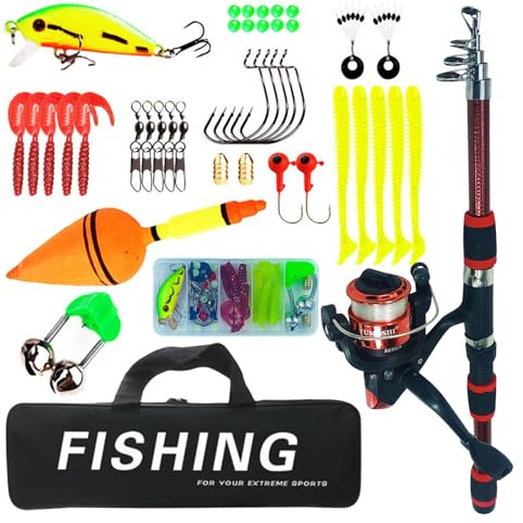 Red Fishing Rod & Reel Combo Kit - Telescopic Rod, Portable Gear Set with Carry Bag for Teens & Adults