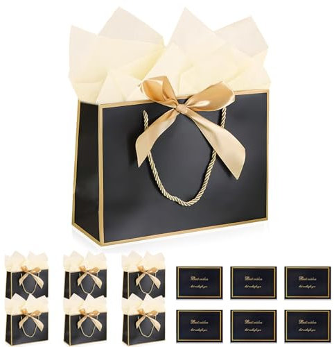 SHOWLL Geschenktüten Set 6 Stück Papiertüten Mit Schleifenbändern + 6 Grußkarten + 6 Taschentüchern,Geschenkpapier Hochzeit Geschenkverpackung Gift Bag Für Geburtstag Hochzeit Feier Party (Schwarz)