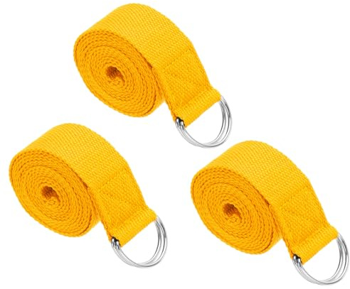 PATIKIL Cinghia da yoga per stretching 2,4 m, 3 pezzi, cintura da yoga in cotone con fibbia regolabile in metallo con anello a D elastici per fitness pilates, giallo