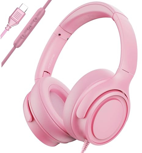 ADOOPE Trådbundna over-ear-hörlurar med USB C-kontakt, Hi-Fi-stereoljud, bullerisolerande öronkoppar, bekväm passform för USB C-enheter (ingen väska, rosa)