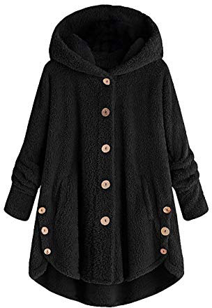 Damen-Teddy-Fleece-Jacke – Sherpa-Fleece-Jacke für Damen mit Kapuze, Mantel mit einreihigen Knöpfen, Übermäntel, Strickjacken, langärmelig, lockere Passform, lässiger Cardigan mit Taschen,