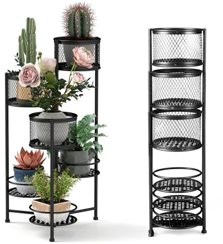 HOMASIS Portavasi Pieghevole per Piante in Metallo, Porta Piante da Interno con 3 Vasi e 3 Vassoi, Espositore, Supporto per Piante per Soggiorno, 22,5 x 22 x 82 cm (Nero)