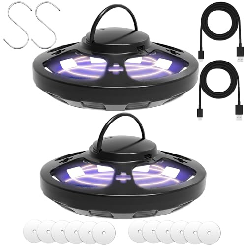 AMFUN Lot de 2 Piège à Puces, Piège à Lumière Anti-Puces à LED 4 Modes avec 12 Autocollants de Capture, UV Lampe Tue Mouche Electrique, Lampe Piège À Puces avec 2 Crochets(Noir)