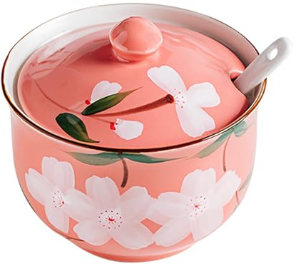 Dowbom Azucarero con tapa y cuchara, tarro de almacenamiento de 300 ml, recipiente de azúcar de flores, tarro de azúcar, azucarero, azucarera (rosa)