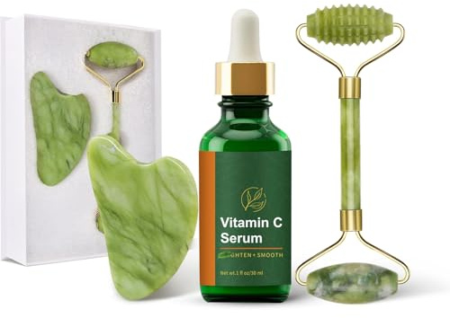 Jade Roller Gesicht Vitamin C Serum und Guasha Stein Massage Set, Natural Gesichtsroller, Glättendes Serum, Massage Roller für geschwollene Augen, Hautstraffung, Jawline, feine Linien