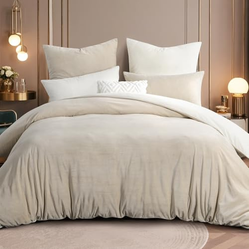 RUIKASI, set biancheria da letto in flanella 200 x 220 cm, 3 pezzi, beige - bianco, caldo, invernale, copripiumino in pile soffice, set con 2 federe 80 x 80 cm, biancheria da letto reversibile