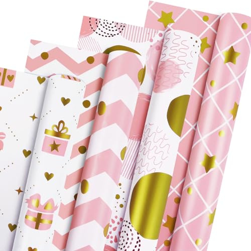 4 rotoli di carta da regalo per compleanno, 4 diversi disegni, set di carta regalo per donne e ragazze, oro rosa, regalo per compleanno, matrimonio, festa della mamma, San Valentino, 43 cm x 300 cm