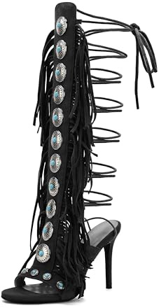 FancyQueen Gladiator Heels Knee High Heels for Women Open Toe Stiletto Suede Fringe Boots Lace up Strappy Peep Toe High Sandal