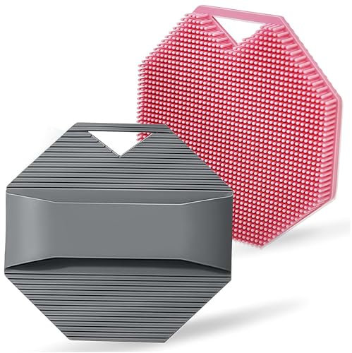 AstraGlam 2 pièces Éponge de douche en silicone – Brosse corporelle Loofah en silicone en gris et rose, Poignée antidérapante, Brosse exfoliante pour hommes et femmes, Facile à nettoyer