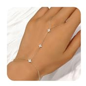 Gold Bracelet pour femmes, 18K bracelet anneau à trèfle porte-bonheur plaqué or avec chaîne main, délicate marguerite avec zircon, chaîne de maillons empilable, bijou corporel hypoallergénique
