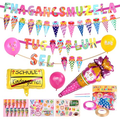Einschulung Schulanfang Schuleinführung Deko, Alles Gute zum Schulanfang Girlande, Zuckertüte Banner und Folienballon, Schulkind Luftballons mit 3 Blätter Aufkleber