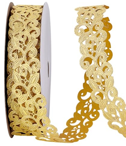 PH PandaHall 18.3m Goldene Spitzenborte Zum Nähen Stickereien 25mm Jacquard Borten Florales Spitzenbesatzband Zum Nähen von Kostümen Kleidern Hüten Dekoration