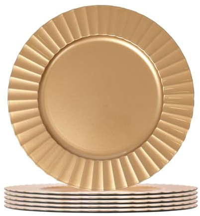 Argon Tableware Gold Charger Plates - 33cm - Dinner Set for 6 - Flute Design - Round Reusable Melamine Christmas Serving Dishes Large Dinnerware Christmas Plates Set for Party Celebrations, Weddings