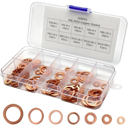 TIANLIN 100 Stück Kupferringe Sortiment, M4/M5/M6/M8/M10/M12/M14 Kupferdichtringe Sortiment, 7 Größen, Kupferdichtungen Set, für Gewerbliche Geräte, Auto- und Schiffsreparaturen