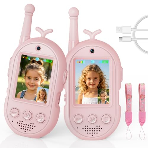 Video Walkie Talkie Bambini, 2 Walkie Talkie Ricaricabili con Display, Comunicazione Radio Bidirezionale, Lunga Portata, Regalo per Bambini e Bambine dai 3 ai 12 Anni. (Rosa + Rosa)