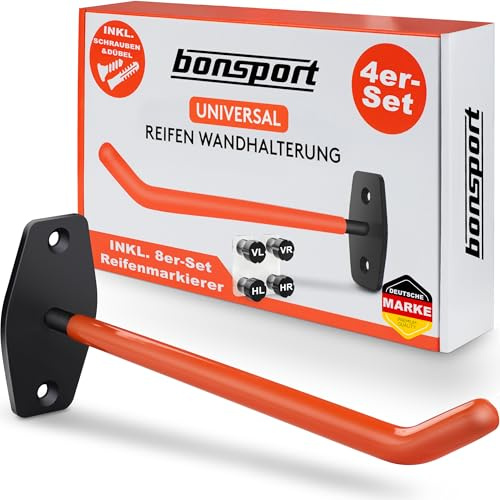 bonsport Wandhaken Reifen 4er Set - Belastbar bis 25kg, 26 cm | Autoreifen Wandhalterung für 4 Felgen - Reifenhalter Felgenhalter Wand Halterung - Reifen Aufhänge Garage