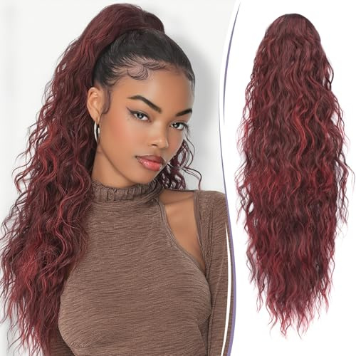 RUWISS Hästsvans med klämma, 76 cm, lång, vågig lockig hästsvans, hårdel, syntetiskt, vågigt claw clip i ponytail extension för kvinnor, svart, ombre röd