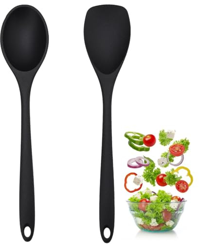 2 Stück Schwarze Silikonlöffel,Schöpflöffel,Langen Griff Silikon Kochlöffel,Antihaft Löffel Kochutensilien,Silicone Mixing Spoons,Küchenutensilien Set für Küche Camping Essen Kochen Rühren Backen