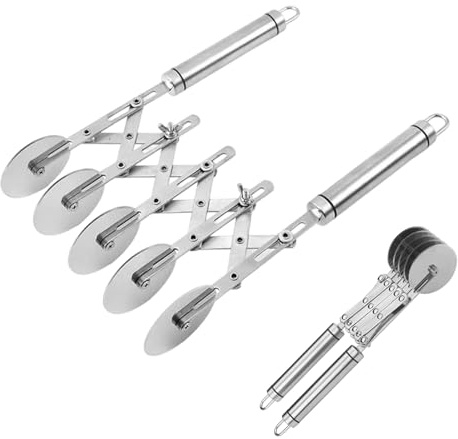VELAJA Cortador de Pizza Ajustable con 5 Ruedas, Cortador de Masa de Acero Inoxidable, Cortapizzas Extensible para Pizza, Pan, Pasteles, Masa de Pasta y Repostería
