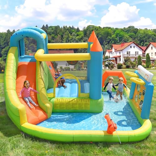 ZKLOEP Castillo hinchable para niños de 3 a 10 años, con soplador, con tobogán, red de fútbol, 360 x 320 x 200 cm, multicolor