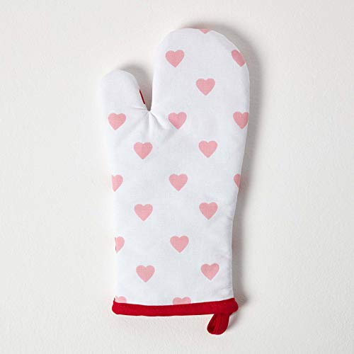 Homescapes Ofenhandschuh Hearts, rosa rot weiß ca. 18 x 32 cm, Topfhandschuh aus 100% reiner Baumwolle mit Polyesterfüllung, waschbarer Kochhandschuh