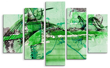 5 teiliges Wandbild auf Leinwand (Gesamt: H: 100cm B: 160cm) Keilrahmenbild Canvas Fotodruck Leinwandbild Leinwanddruck Kunstdruck Wandbild grün grau weiß gemalt