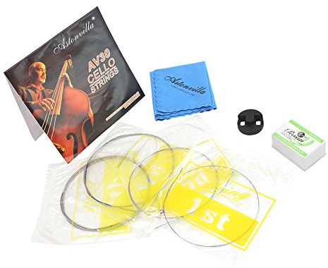 Cello Zubehör, 4-pcs Set mit Saiten, Mute, Reinigungstuch, Kolophonium für Cello - perfekt für professionelle Musiker, Studierende und Lehrer in der Praxis, Auftritt oder Unterricht