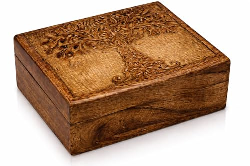Tolles Geburtstagsgeschenk, handgefertigt, dekoratives Schmuckkästchen aus Holz, Baum des Lebens, Schmuckorganizer, Andenkenbox, Schatztruhe, Schmuckhalter, Uhrenbox, 21 x 16 cm, (Antique)