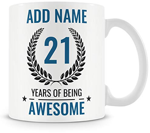 MUGGZ Personalised 21st Birthday Mug for Men – Add Name – “21 Years of Being Awesome” – Blue Design – Ceramic 11oz Mug