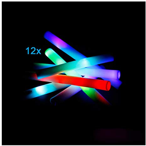 BLINXS 12er Pack LED Softstab/Partystick/Party Stab/Pompom Stab, Multicolor Leuchtend - 40cm, aus Schaumstoff inkl. austauschbaren Batterien