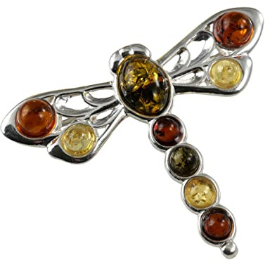 Sterling Silver and Baltic Amber Dragonfly Brooch (Small)