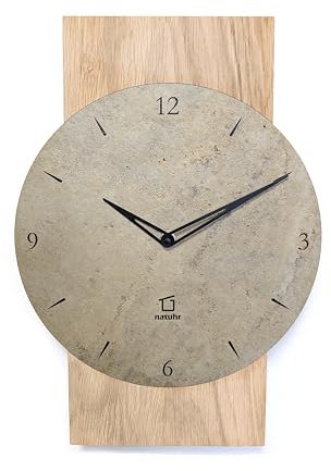 Natuhr Schiefer Wanduhr - Zugspitze - Holz Eiche Schiefer Stein Made in Germany (Heller Schiefer - Eiche unbehandelt, Funk-Uhrwerk)